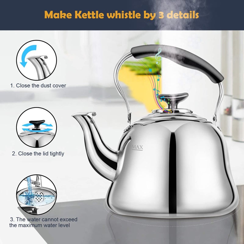 AMFOCUS Tea Kettle Stovetop Whistling Teakettle ClassicTeapot Stainless Steel Tea Pots for Stove Top with Heat-resistant Folding Handle Mirror Finish, 2 liters - Image 3